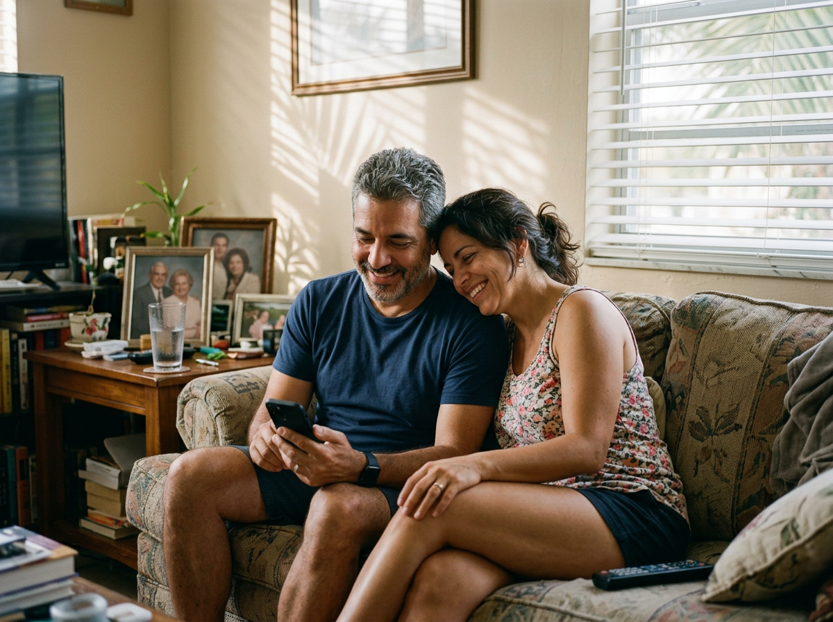 A couple at home in Miami, checking their phone together