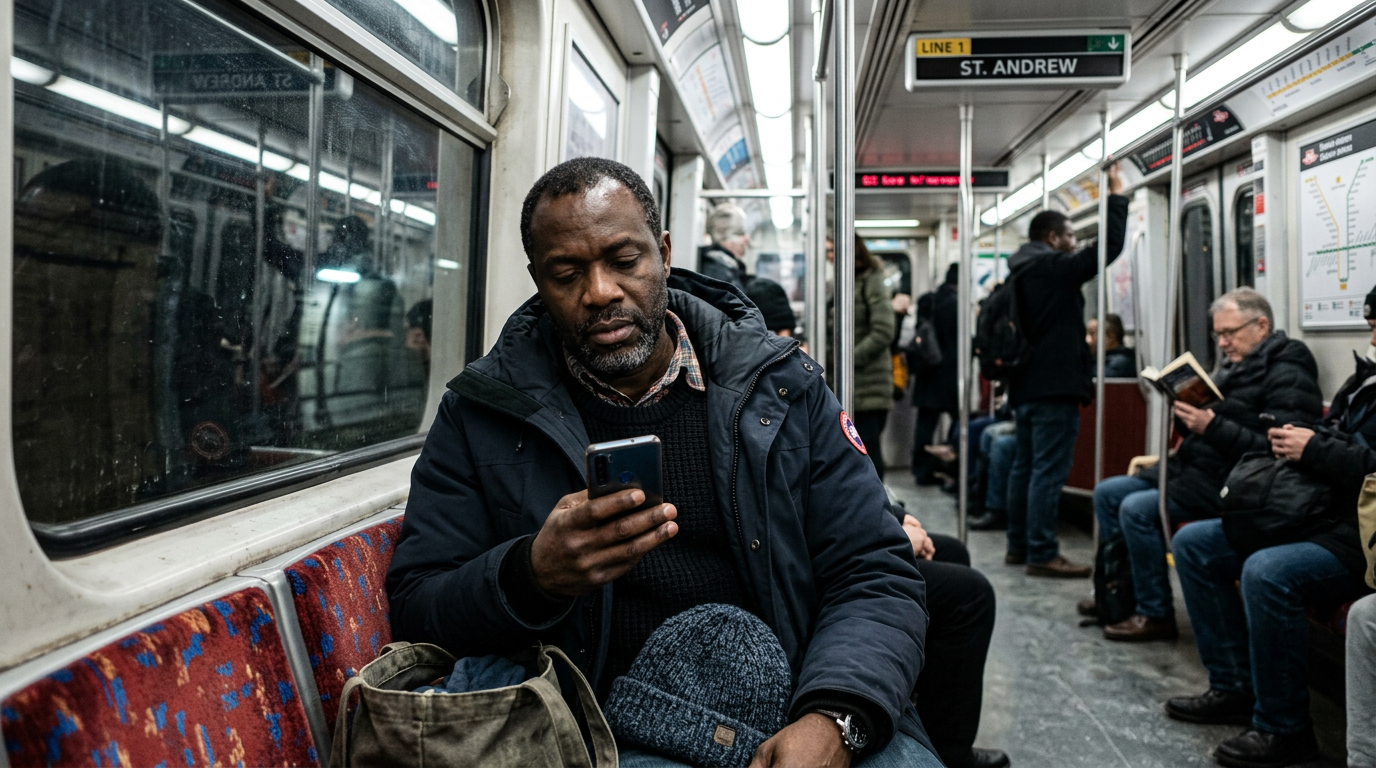 A sender on the Toronto subway home at night