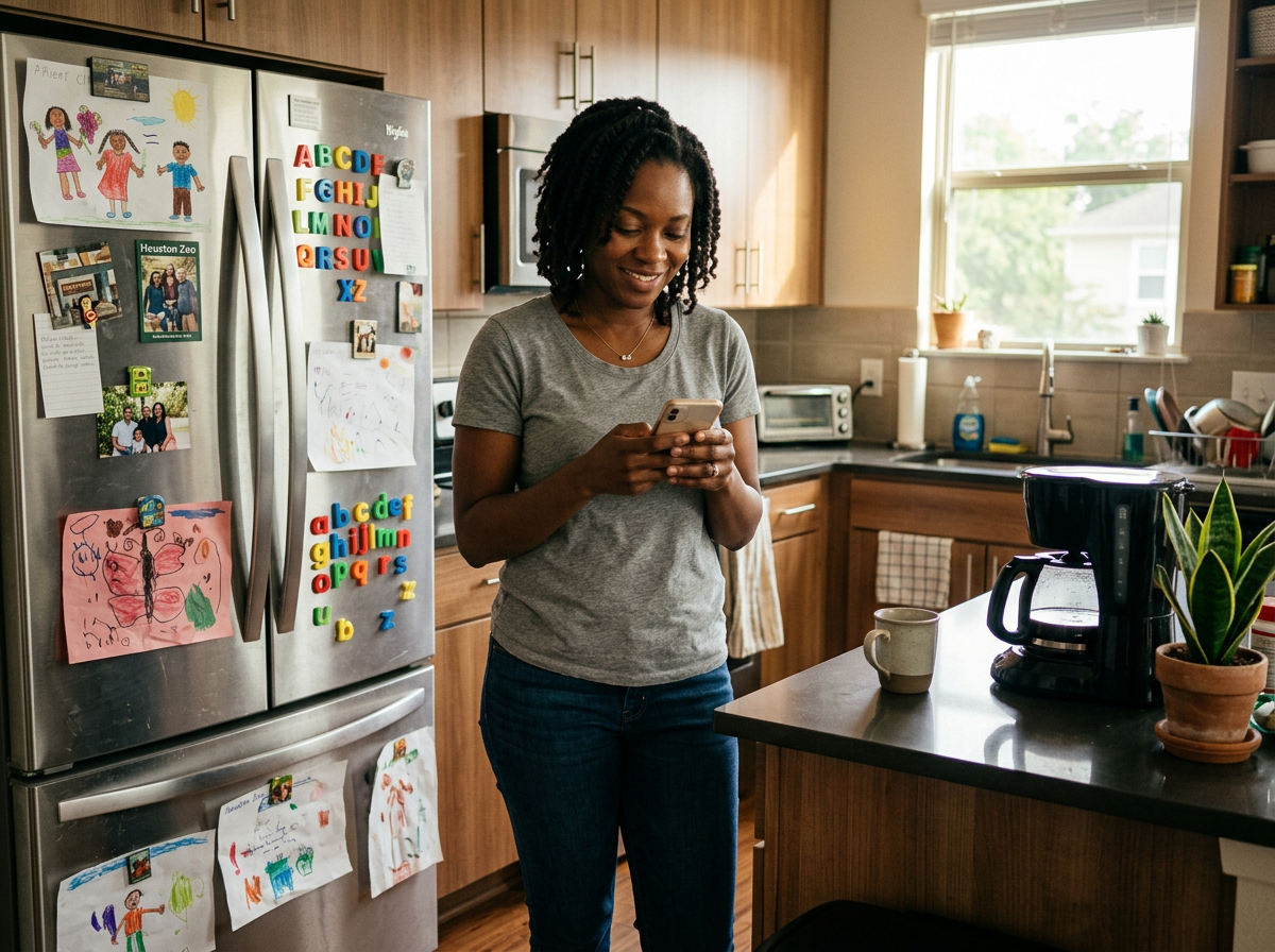 A sender at her kitchen table in Houston, looking at her phone